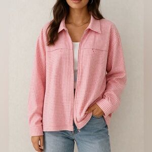 CJ Banks Pink White Gingham Lightweight Spring Zip Up Jacket Size 14W